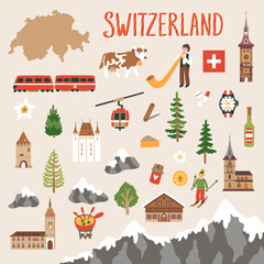 Vector icon set of Switzerland's symbols. Travel illustration with Swiss landmarks, mountain, people and symbols. 