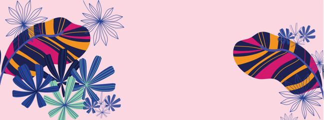 Fototapeta premium Seamless pattern of creative minimalist hand draw illustrations floral outline lily and shape leaves on dark blue background. Horizontal wall decoration, banner or vintage brochure cover design