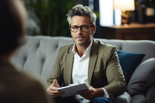 Generative AI illustration of male psychologist talking notes in notebook during therapy session with anonymous patient in office