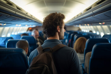 Generative AI illustration of back view guy standing of the plane of airplane and looking through illuminator during flight