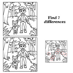 A boy walks with a dog in the forest. Find 7 differences. Tasks for children. vector illustration