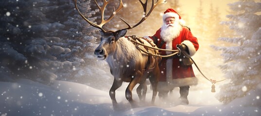 Santa Claus with reindeer against digitally generated image of snow falling