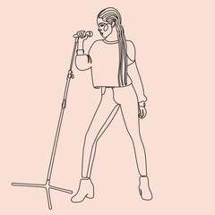 Line art of afro american black woman singing into microphone. A singer with curly hair or dreadlocks or pigtails line drawing vector