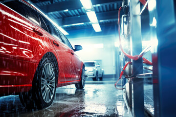 Car in a automatic car wash, close up