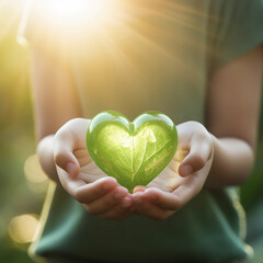 Woman hands holding green heart, Happiness moment, Health care, donate, green day, World heart day, world health day, Hope, Gratitude, Kindness and Save world's day concept, Generative AI.
