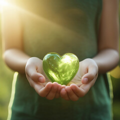 Woman hands holding green heart, Happiness moment, Health care, donate, green day, World heart day, world health day, Hope, Gratitude, Kindness and Save world's day concept, Generative AI.