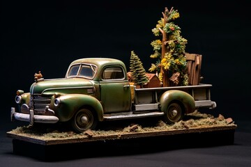 Festive pickup truck with tree. Generative AI - obrazy, fototapety, plakaty