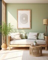 Living room with Scandinavian influences, featuring beige and green accents, focus on a white-framed mockup painting.