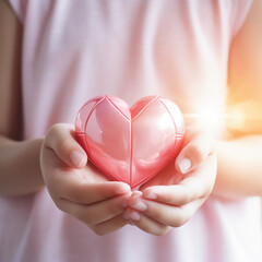 Obraz premium Girl hands holding pink heart, Happiness moment, Health care, donate and family insurance concept, World heart day, world health day, Hope, Gratitude, Kindness, Valentine's Day. Generative AI.