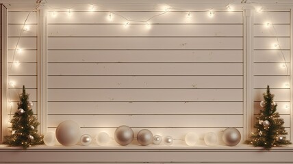a vintage garland elegantly laid out on a white wooden table, surrounded by antique Christmas decorations, with ample space for custom text.
