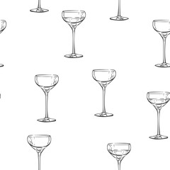 Seamless pattern empty and full coupe champagne glass vector drawing isolated. Hand drawn illustration black line on white, Alcohol beverage glassware doodle repeating background