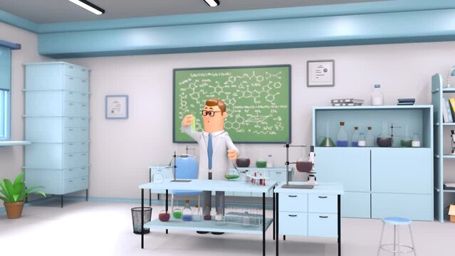 In Modern Laboratory Scientist Experimenting Chemicals With Use of Test Tube. 3D Scientist or Doctor in White Lab Coat, Looking At Flask With Green Liquid in His Hand.
