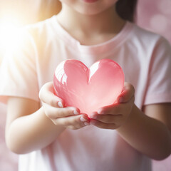 Girl hands holding pink heart, Happiness moment, Health care, donate and family insurance concept, World heart day, world health day, Hope, Gratitude, Kindness, Valentine's Day. Generative AI.