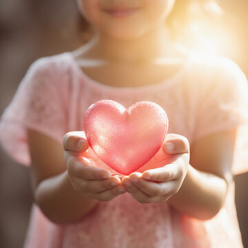 Girl hands holding pink heart, Happiness moment, Health care, donate and family insurance concept, World heart day, world health day, Hope, Gratitude, Kindness, Valentine's Day. Generative AI.