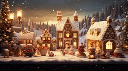 a variety of gingerbread houses and figures on the wooden table, with Christmas decorations hanging above, giving it a magical and whimsical feel.