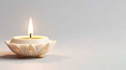 Obraz na płótnie Canvas Candle and lotus on white background. 3D illustration. Festival of Lights. Diwali concept. Minimalism. Banner. Empty space for your design. 