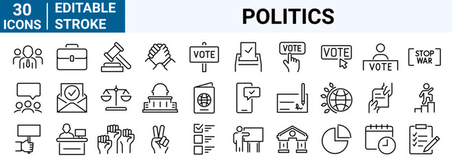 Set of 30 Politics and diplomacy. Voting Related Vector Line Icons. Raising Hands, Electronic voting and more. Editable Stroke