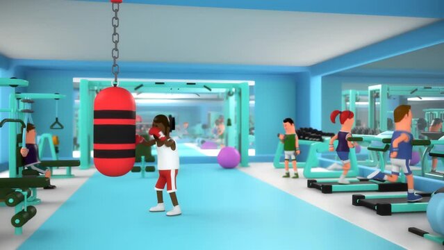 3D Men and Women Athletes Doing Exercises & Training at Gym Set. Sporty People Working Out Chest Fly Machine, Punching Bag, Lifting Dumbbells & Weight, Jogging on Treadmill.