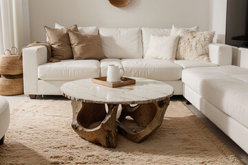 Minimalist style interior design of modern living room, Rustic root ball coffee table near white sofa.