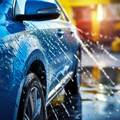 Car in a automatic car wash, close up - obrazy, fototapety, plakaty