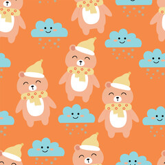 Seamless pattern of cute bear wearing a scarf and winter elements for fabric print, textile, gift wrapping paper. colorful vector for children, flat style