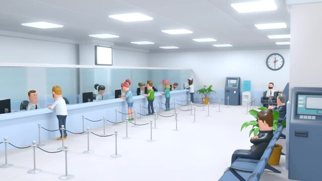 Cartoon People Standing in Row to Cashier. Men and Women Waiting in Bank Line. 3D Animation of Customers in Bank Queue.