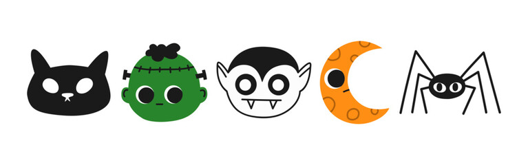 Hand drawn cute cartoon illustration zombie, spider, vampire, moon, cat head. Flat vector Halloween and Thanksgiving sticker collection. Characters set in doodle style. Autumn scary mascot. Isolated.