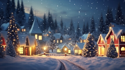 Fototapeta premium Winter country landscape with houses and christmass tree. Village decorations lights. Post greeting card in painting style.