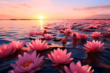 Countless pink Water Lilies floating on the sea - obrazy, fototapety, plakaty