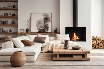 Fototapeta premium White corner sofa near fireplace. Scandinavian home interior design of modern living room.