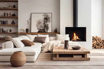 Foto op Plexiglas White corner sofa near fireplace. Scandinavian home interior design of modern living room. © Vadim Andrushchenko