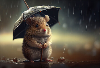 Small mouse holding umbrella in the rain - obrazy, fototapety, plakaty