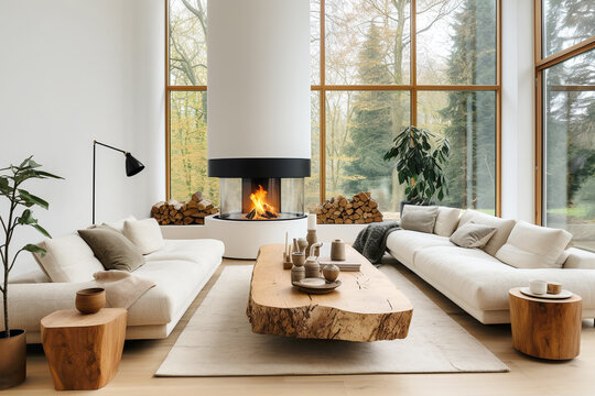 Live edge accent coffee table between two sofas by fireplace, Scandinavian home interior design of modern living room in house in forest.