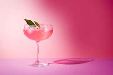 Pink Cosmopolitan cocktail, fun bright atmosphere, plain background. Late night cocktail bar, restaurant. Copyspace.