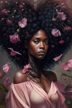 Beautiful young african woman with curly hair and pink flowers. Heart shaped hairstyle. Fashion female portrait. Floral background. Art drawn. Painting, summer. Vogue concept. Advertising poster.