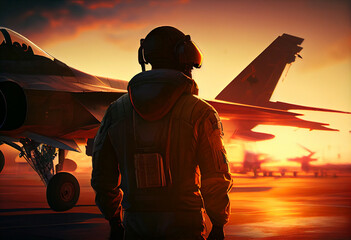 Military pilot and aircraft at airfield on mission standby - obrazy, fototapety, plakaty