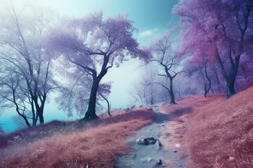 Beautiful landscape with stunning trees in shades of purple-blue. Generative AI