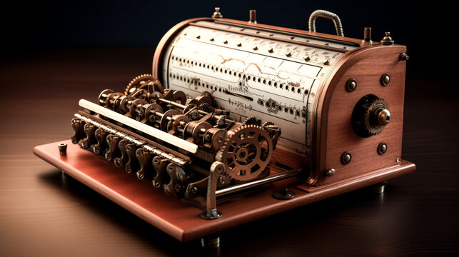 A mechanical braille printer is seen in the image, with its intricate design and buttons. The device is used for printing tactile documents.