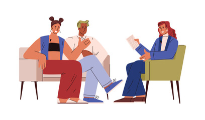 Journalists or reporters conduct interview, flat vector illustration isolated.