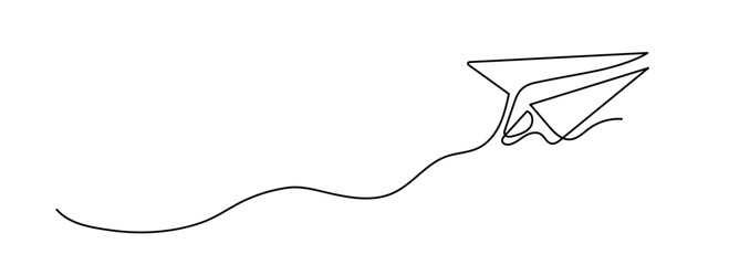 Flying Paper Airplane shape drawing by continuous line, thin line design vector illustration