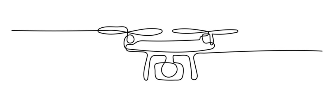 Flying Quadrocopter Drone shape drawing by continuous line, thin line design vector illustration
