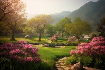 Scenic view with blooming flowers, trees, and grass in a park or garden near mountains. Generative AI