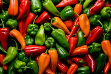 Texture of red and green  peppers. Fresh colorful pepper background