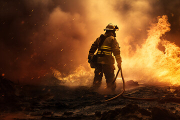 A firefighter in the woods, fighting fire