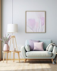 Living room with Scandinavian influences, with pastel-colored decor, focus on a white-framed mockup painting