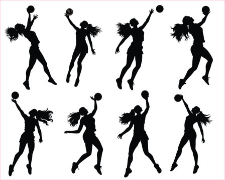 Young woman basketball player, Basketball Set Collection Flat cartoon, Basketball players collection vector, Basketball Player Silhouettes