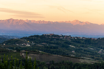 View of the Alps at sunrise from Piedmont. Italy