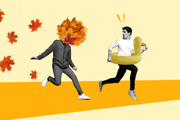Picture image collage of funky guy running escape autumn season weird man isolated on drawing...