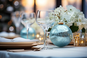 Beautifully decorated table for Christmas dinner with dishes, light blue decorations