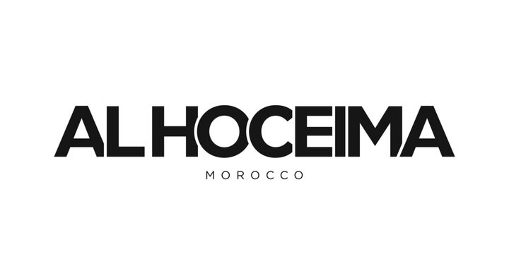 Al Hoceima in the Morocco emblem. The design features a geometric style, vector illustration with bold typography in a modern font. The graphic slogan lettering.